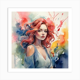 Watercolor Of A Girl With Red Hair Art Print