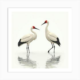 Watercolor Cranes Standing In Shallow Water, Their Reflections Blending Softly 1 Art Print