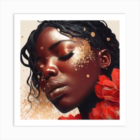 Black Woman With Red Flowers Art Print