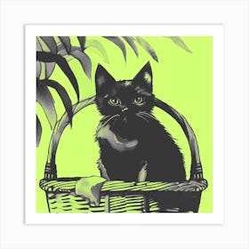 Black Kitty Cat In A Basket Green 1 Art Print
