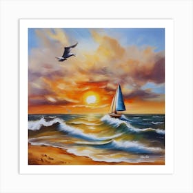 Oil painting design on canvas. Sandy beach rocks. Waves. Sailboat. Seagulls. The sun before sunset.19 Art Print