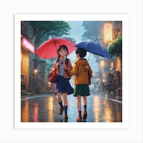 Two Girls Holding Umbrellas In The Rain Art Print