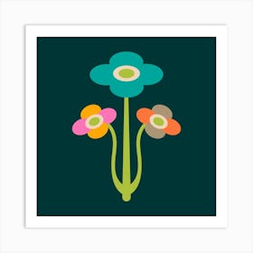 YVETTE Mid-Century Modern Floral with Triple Flowers in Bright Colours on Dark Teal Art Print