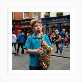 Boy Playing Saxophone In The City Art Print