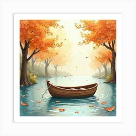 Quaint Rowboat Drifting In Watercolor Autumn Leaves 1 Art Print