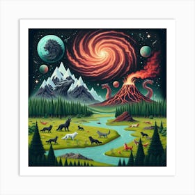 Wolf In The Meadow of a Spiralling Galaxy Art Print