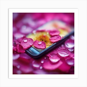 A Close Up Of A Delicate Mobile Phone On A Vibrant Flower Petal, Showcasing Its Reflective Surface A Art Print