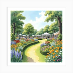 Watercolor View Of An English Summer Garden With People Attending A Flower Show 1 Art Print