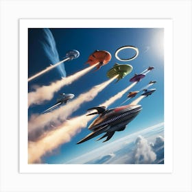 A Breathtakingly Detailed 3d Rendered Scene Of Multiple Alien Spaceships In Diverse Vibrant Colors, Each With Unique Shapes And Intricate Designs, Piercing Through The Earth S Atmosphere, Leaving Trails Of Glowing Ionized Gas Behind (5) Art Print