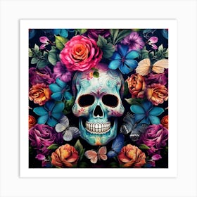 Sugar Skull With Flowers Art Print