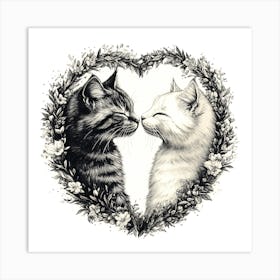 Delicate Ink Drawing of Cats Love Heart 5 Art Print