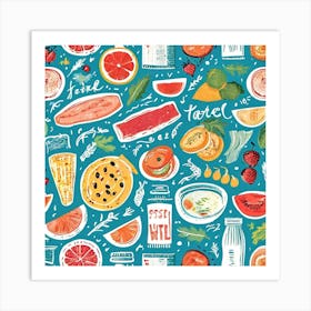 Food And Drink Seamless Pattern, Foodie Traveler A Delicious Pattern Featuring Iconic Dishes From Different Countries Art Print