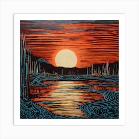 Sunset Over The River Linocut Illustration Art Print