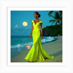 Woman In A Yellow Dress On The Beach Art Print