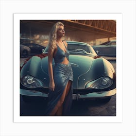 Beautiful Woman In A Dress Next To A Car Art Print