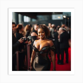 A Sexy Black Woman In A Black Latex Dress in Distance With Smiling to Crowd A On the Red Carpet- Created by Midjourney Art Print