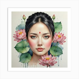 Asian Girl With Lotus 1 Art Print