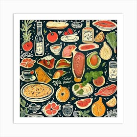 Doodles Of Food, Seamless Pattern With Fruits And Vegetables, Foodie Traveler A Delicious Featuring Iconic Dishes From Different Countries Art Print