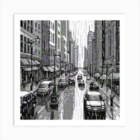 Pixel Art, Design An Artwork Of A Bustling City Street In The Rain Art Print