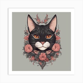 Black Cat With Flowers  Art Print