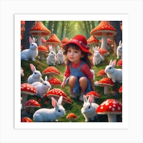A Small Girl Surrounded With Bunnies Art Print