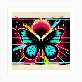 A Flashy Butterfly With A Neon Mohawk, Inspired By The Street Art Of Banksy, With A Bold Black And Neon Color Scheme, Where The Butterfly Is In Focus And The Background Is Blurred Into Neon Shapes, Framed With Abstract Brush Strokes (5) Art Print