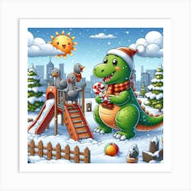 Dino celebrating Christmas ⛄🎁 Art Print