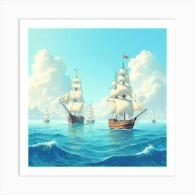 Dreamy Watercolor Seascape With Floating Ships 1 Art Print