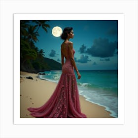 Beautiful Woman On The Beach At Night 2 Art Print