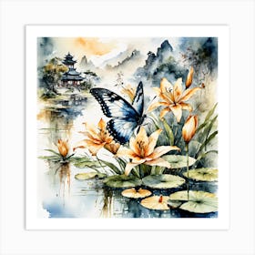 Watercolour Butterflies over Lilly Pond V Art Print