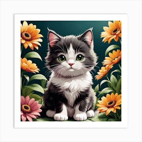 Cute Kitten With Flowers Art Print