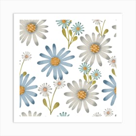 White and blue Daisy Pattern Art Print