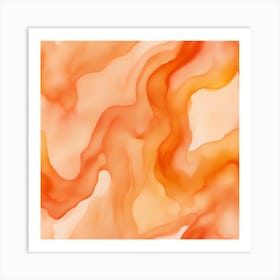 Beautiful peach tangerine abstract background. Drawn, hand-painted aquarelle. Wet watercolor pattern. Artistic background with copy space for design. Vivid web banner. Liquid, flow, fluid effect. Art Print