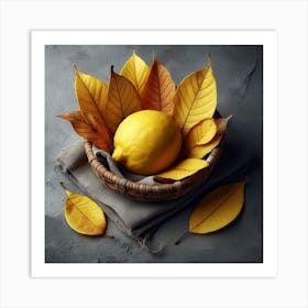 Lemon In A Basket With Autumn Leaves Art Print