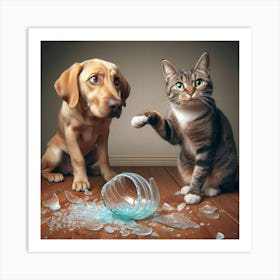 Cat And Dog Playing With Broken Glass Art Print
