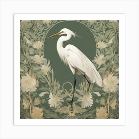 Egret William Morris Style Bird (3) Art Print