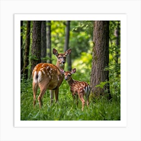 Fawn And Fawn In The Forest 1 Art Print