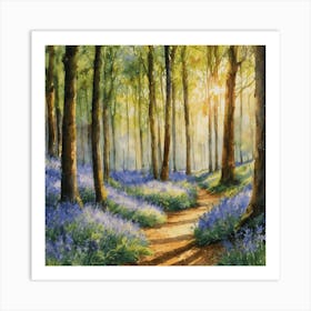 Bluebells Path Through The Woods - Watercolor Sunlit Forest Walk HD Gallery Wall Fine Art - Purple Blue May Day Beautiful Tranquil Peaceful Landscale Scenery Square Art Print