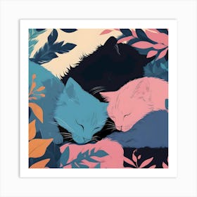 Silhouettes Of Sleeping Cats, Black, Blue, Pink And Light Yellow Art Print