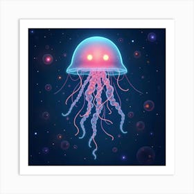 A Whimsical Jellyfish With Tendrils Of Glowing, Bioluminescent Light Drifting Through A Cosmic Sea Art Print