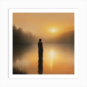 Woman Standing In Water At Sunrise Art Print