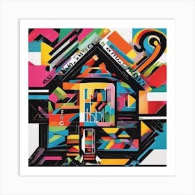 An Image Of A House With Letters On A Black Background, In The Style Of Bold Lines, Vivid Colors, Gr (2) Art Print