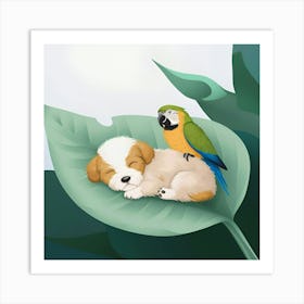 Puppy And Parrot On Leaf Art Print