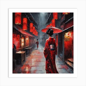 Asian Woman with red umbrella Art Print