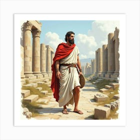 A Watercolor Painting Of A Greek Man With A Noble Presence Amidst Ancient Ruins 1 Art Print