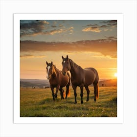 Leonardo Vision Xl Horses Graze On Grass At Sunset 1 Art Print