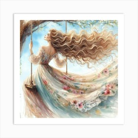 Girl Swinging On Tree Art Print