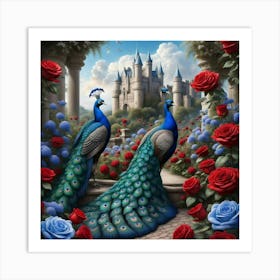 Peacocks And Roses 2 Art Print