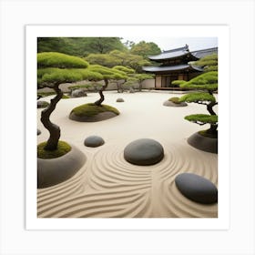 A tranquil scene of a Japanese zen garden with perfectly raked sand, smooth stones, and meticulously pruned bonsai trees. The artwork should evoke calmness and peace, with a minimalist and harmonious composition 3 Art Print