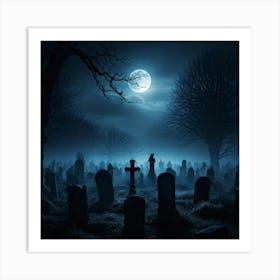 Full Moon Casting An Eerie Glow Over A Cemetery Gravestones Crooked With Names Worn By Time Mist C (5) Art Print